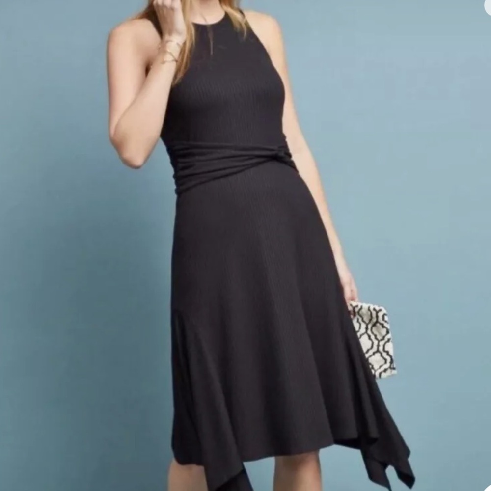 Anthropologie size S black high neck ribbed elastic stretch dress